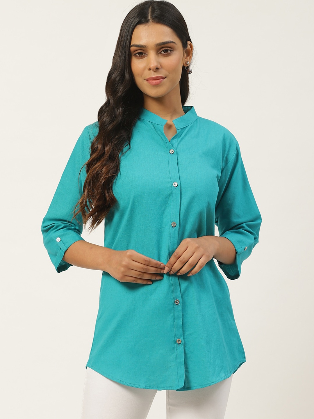 

Vastraa Fusion Green Mandarin Collar Shirt Style Top