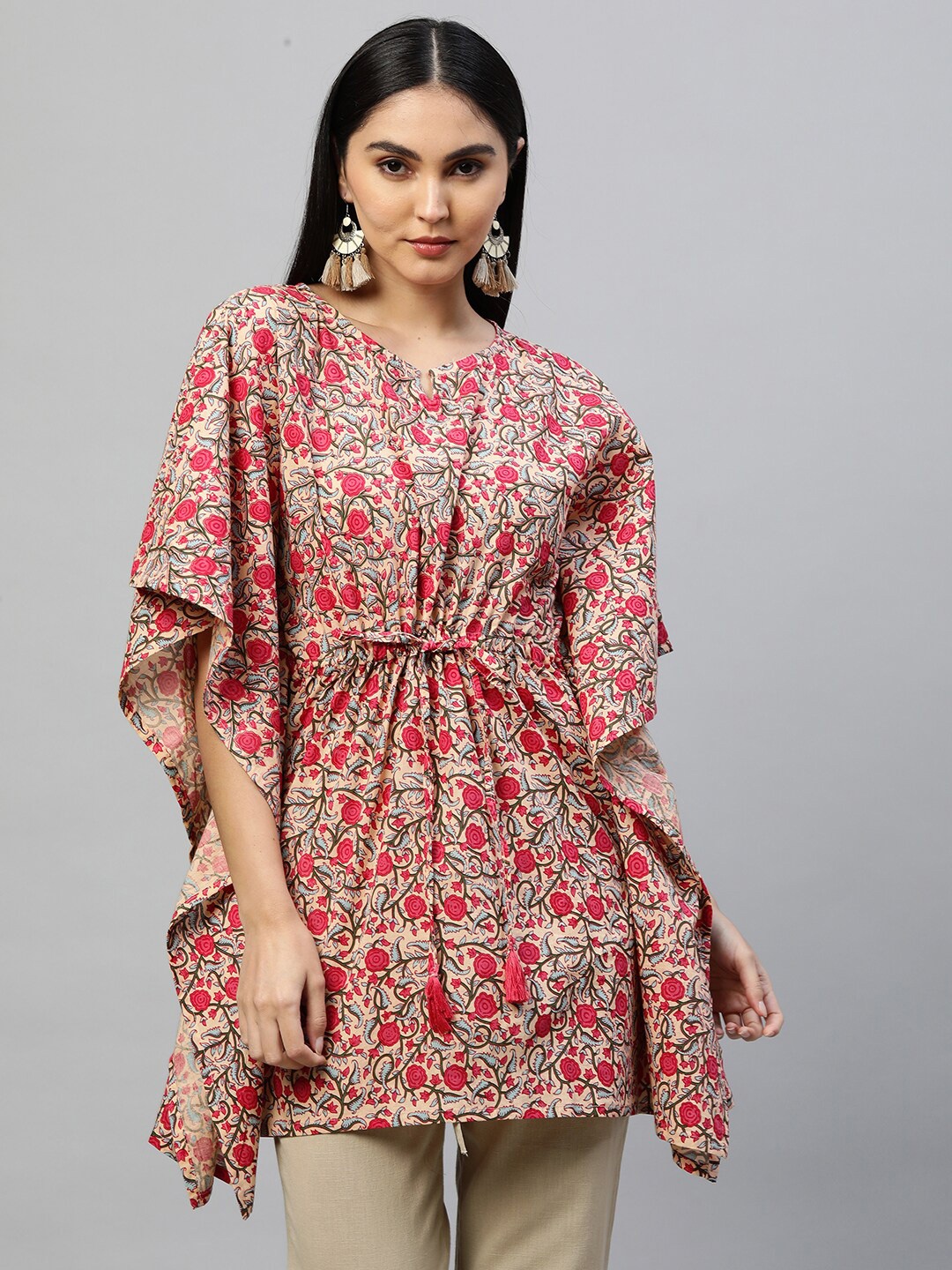 

FASHOR Peach-Coloured & Brown Ethnic Motifs Printed Pure Cotton Thread Work Kaftan
