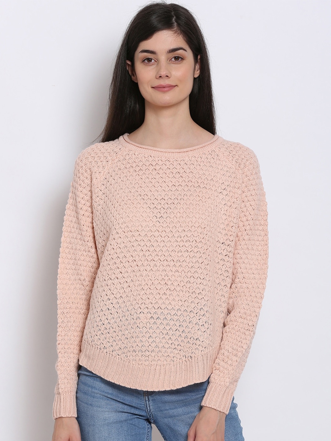 

NoBarr Women Peach-Coloured Self-Design Open Knit Acrylic Sweater Vest