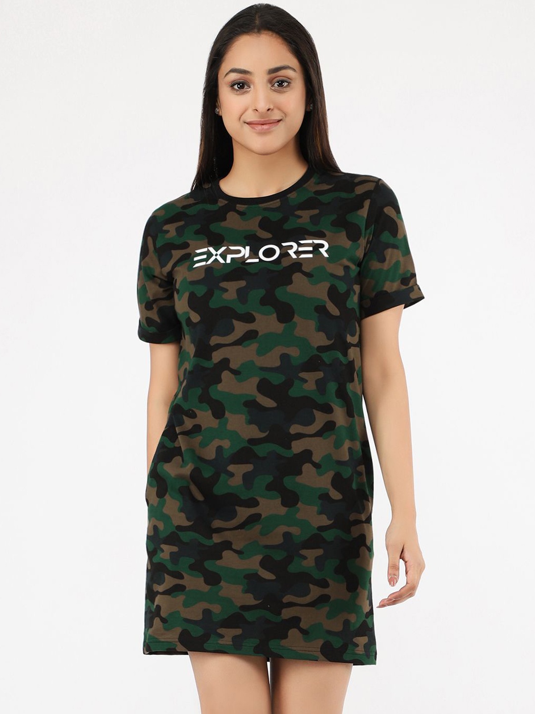 

JUNEBERRY Olive Green & Black Camouflage Printed Cotton T-shirt Dress