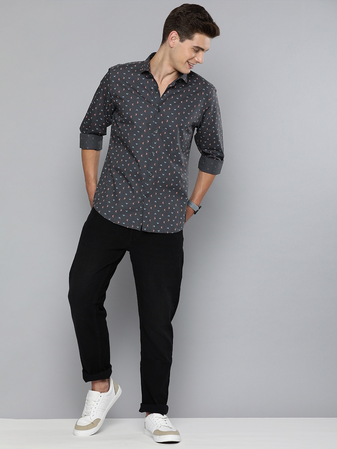 

Mast & Harbour Men Charcoal Grey Regular Fit Abstract Opaque Printed Cotton Casual Shirt