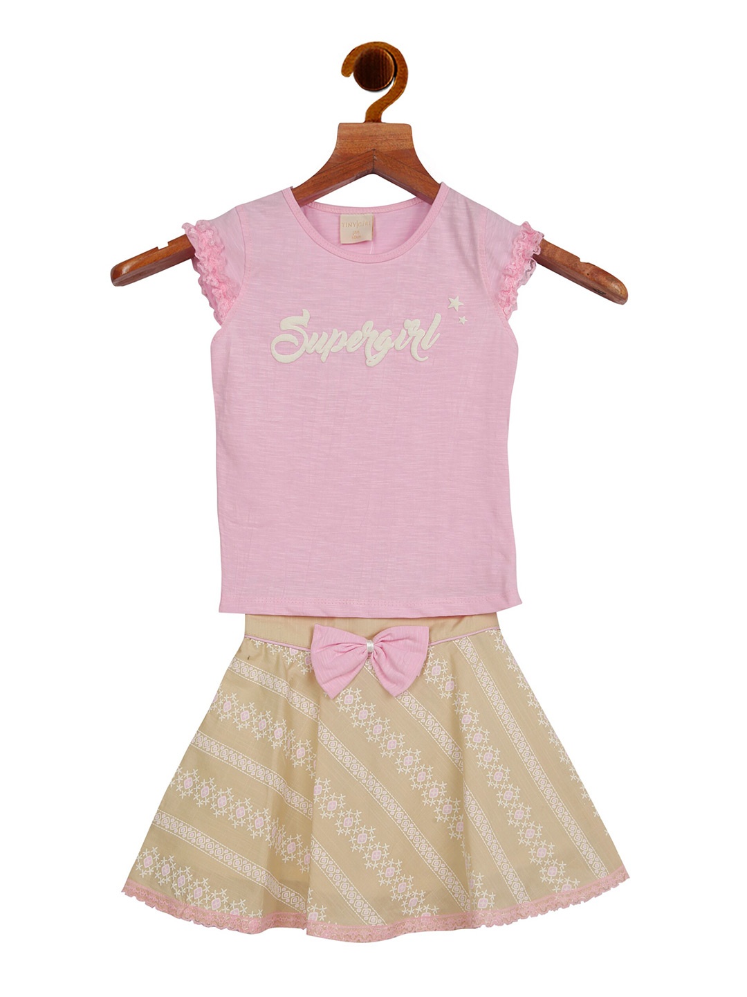 

Tiny Girl Girls Beige & Pink Printed Top with Skirt