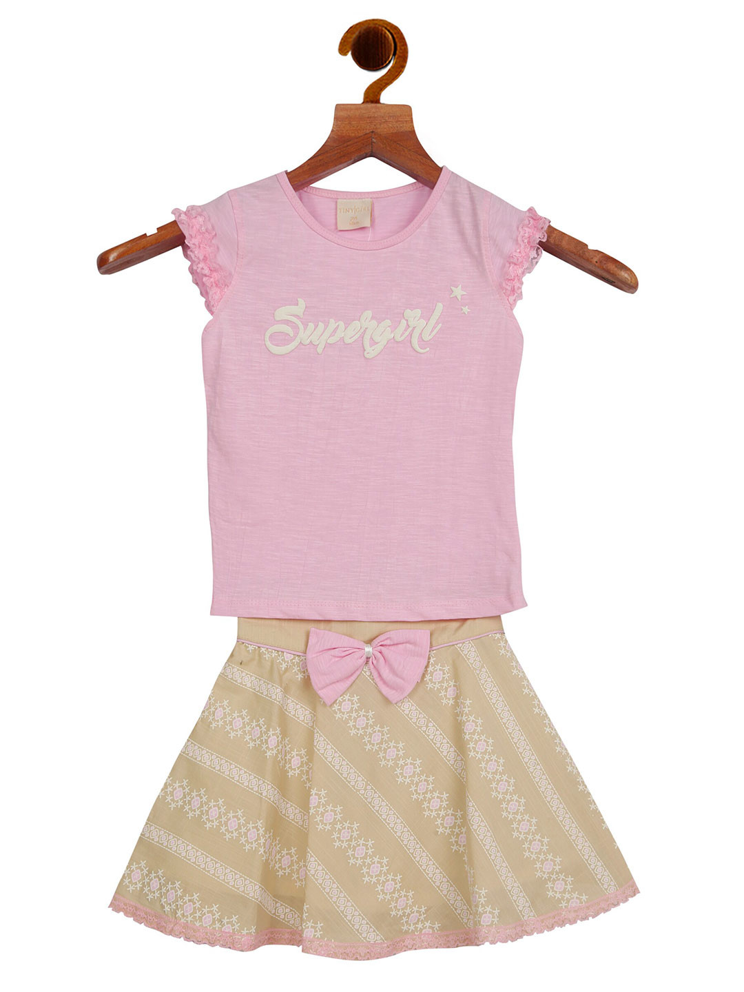 

Tiny Girl Girls Pink & Beige Printed Top with Skirt