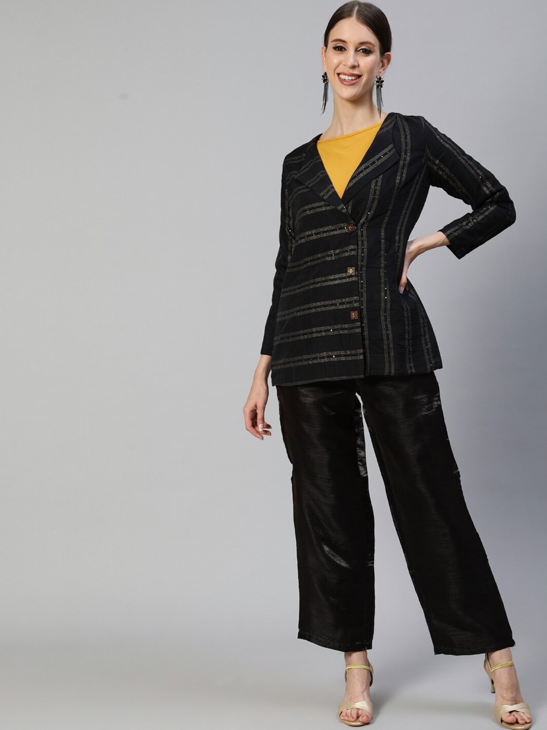 

Ishin Women Black Cotton Blend Striped Woven Coat with Trousers