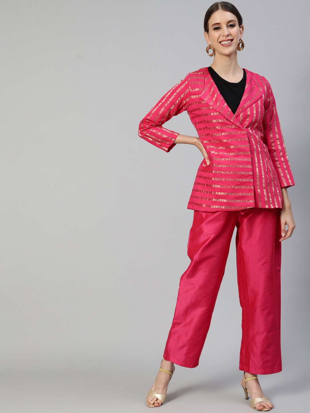 

Ishin Women Pink & Gold-Toned Striped Coat with Trousers