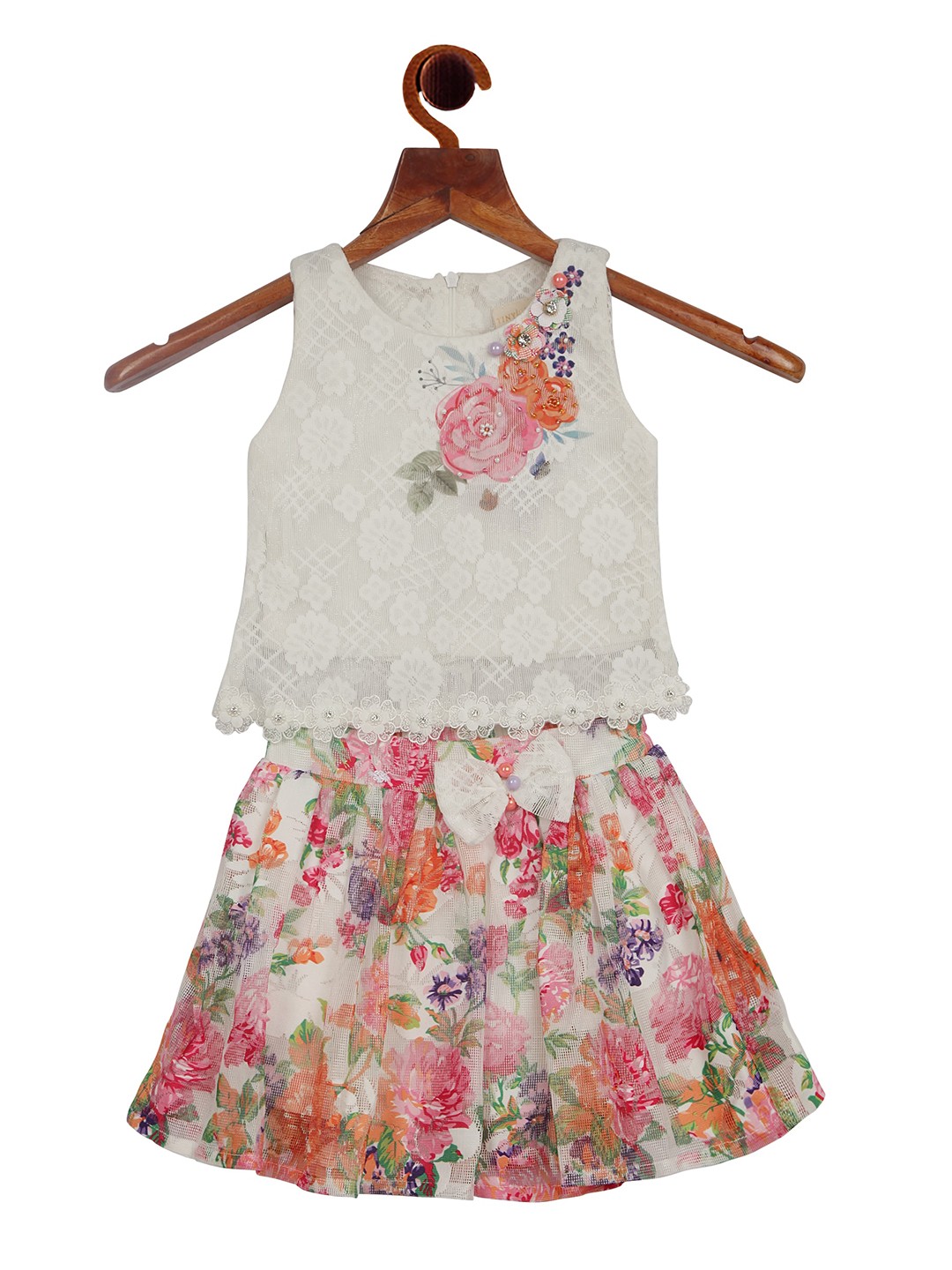 

Tiny Girl Girls Pink & White Floral Printed Top With Skirt