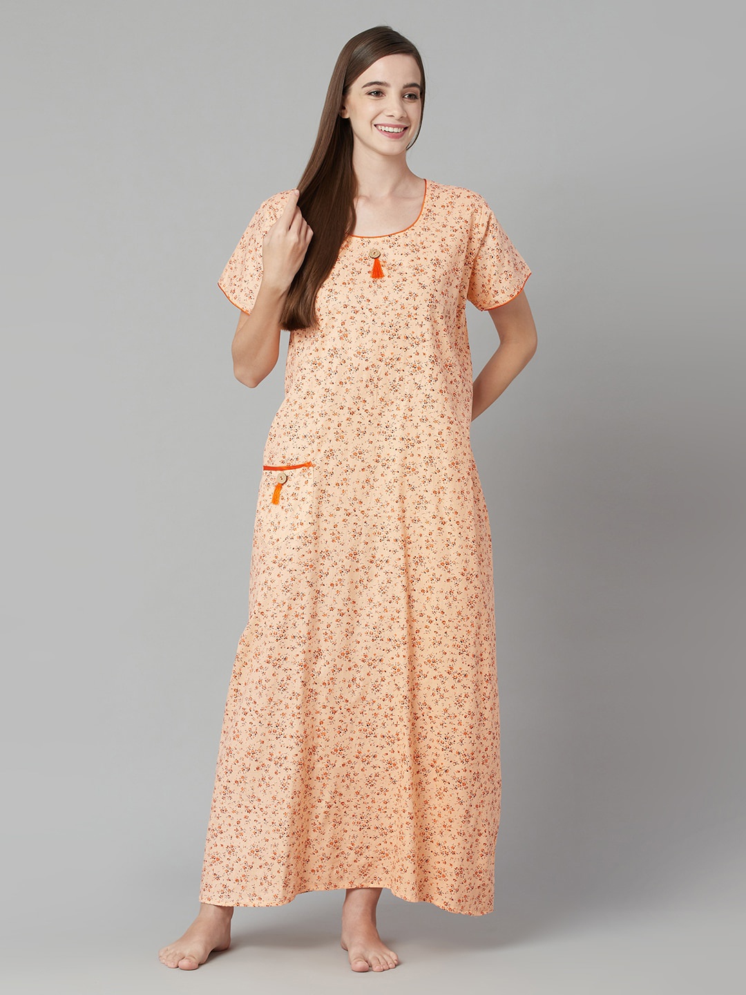 

TRUNDZ Peach-Coloured Printed Maxi Nightdress