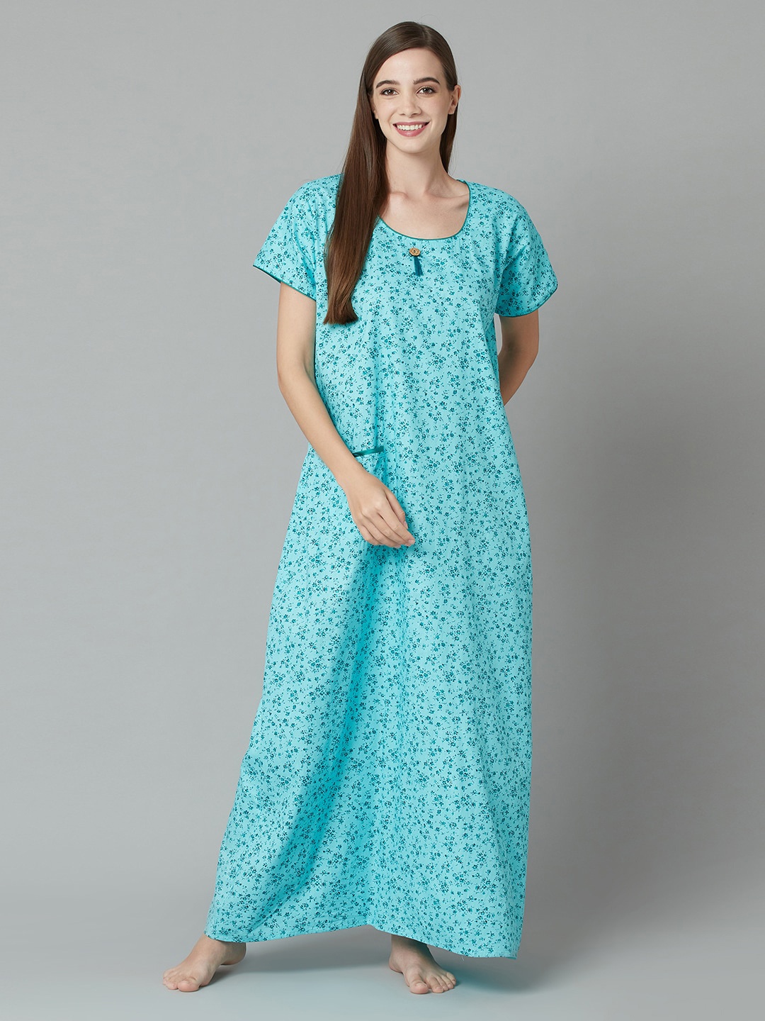 

TRUNDZ Turquoise Blue Printed Maxi Nightdress