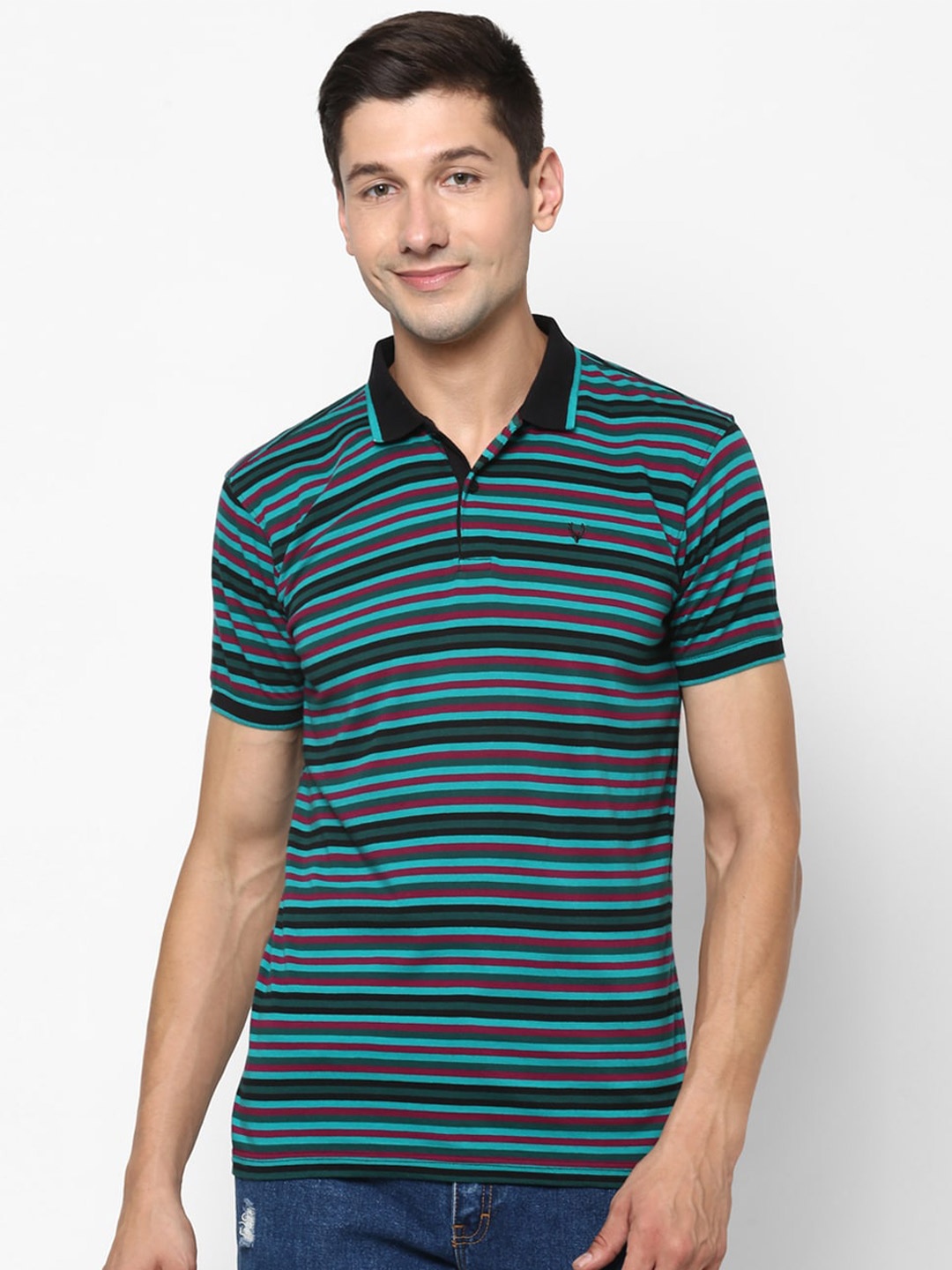 

Allen Solly Men Green & Black Striped Polo Collar Cotton T-shirt