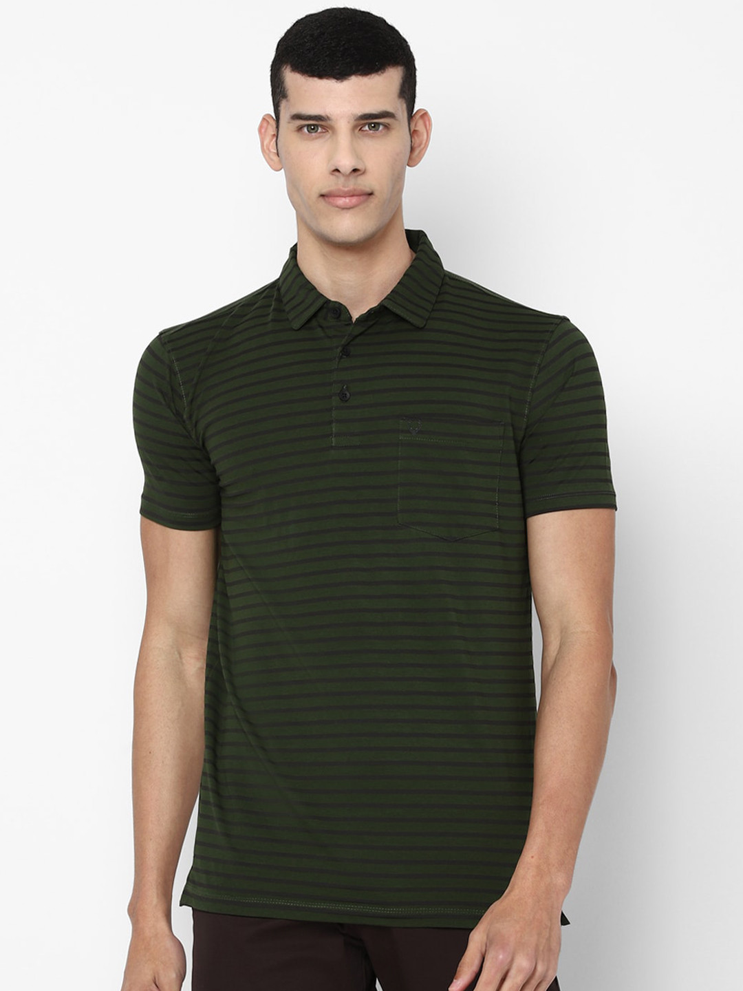 

Allen Solly Men Olive Green Striped Polo Collar Pure Cotton T-shirt