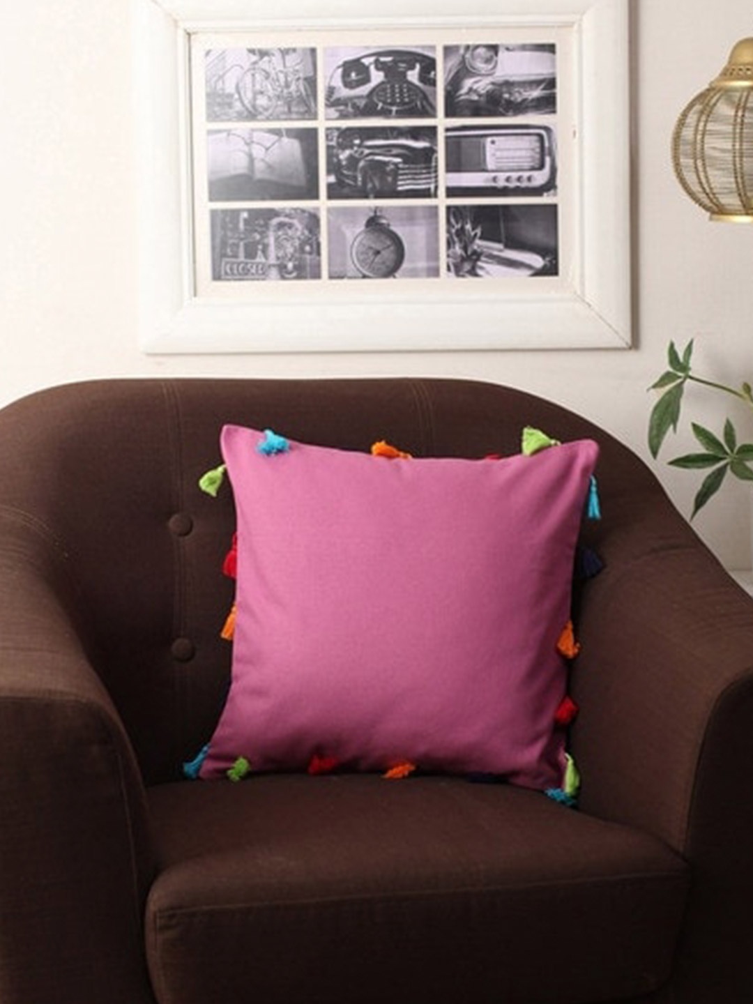 

Lushomes Pink Solid Square Cushion Cover with Colorful Tassels