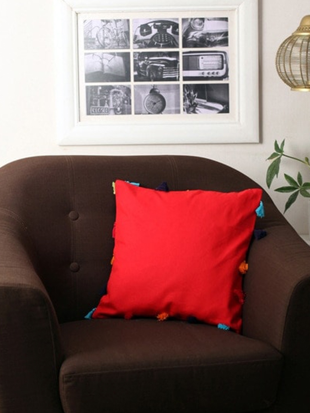 

Lushomes Red & Blue Solid Square Cushion Covers with Colorful Tassels