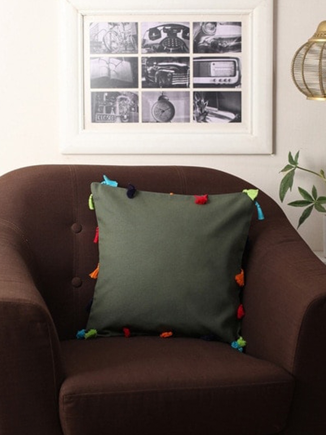 

Lushomes Olive Green & Multicoloured Set of 5 Square Cushion Covers with Tassels