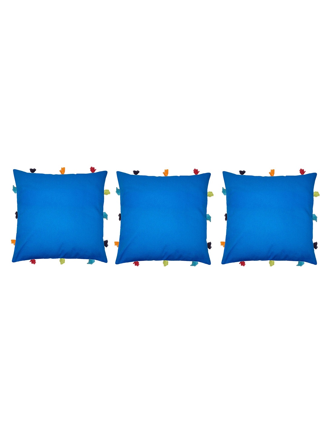 

Lushomes Set of 3 Blue & Red Square Cushion Covers with Colorful Tassels