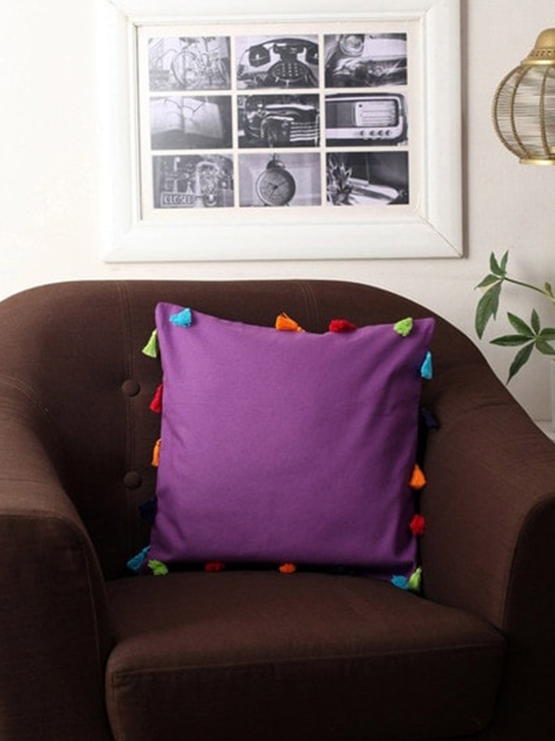 

Lushomes Purple & Orange Solid Square Cushion Covers with Colorful Tassels