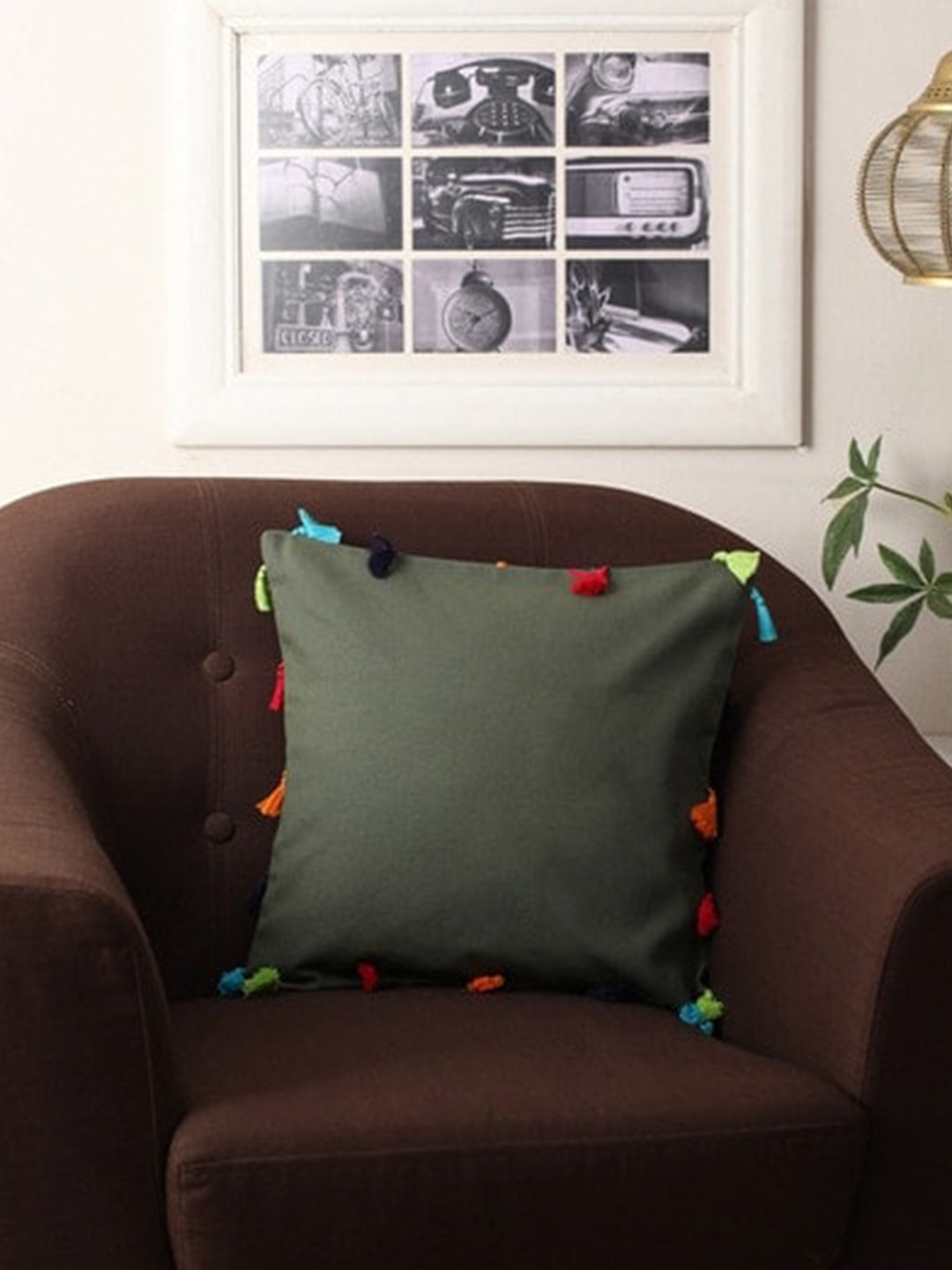 

Lushomes Vineyard Green Cushion Cover with Colorful Tassels