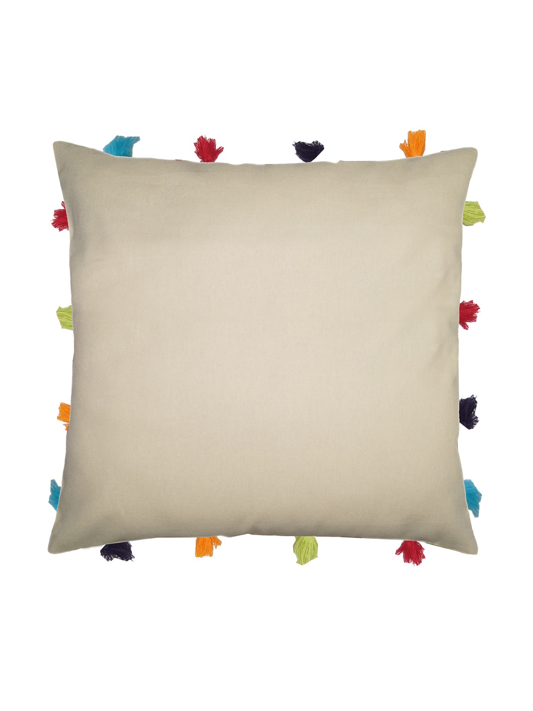 

Lushomes Off White Square Cushion Covers With Colorful Tassels