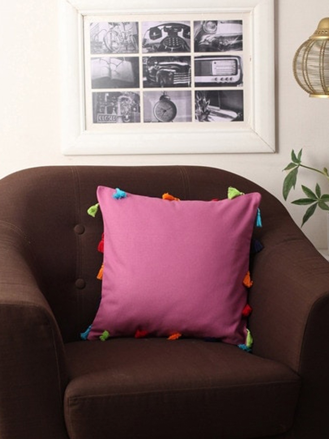 

Lushomes Set of 5 Pink Cotton Square Cushion Covers with Colorful Tassels