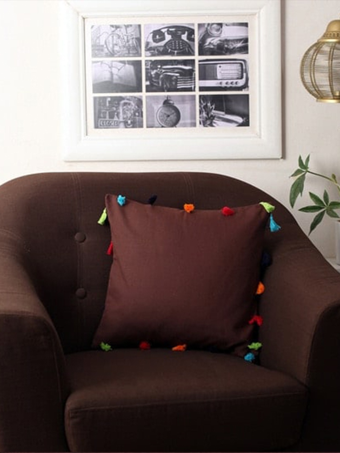 

Lushomes Brown Set of 5 Self Design Cushion Cover with Tassels