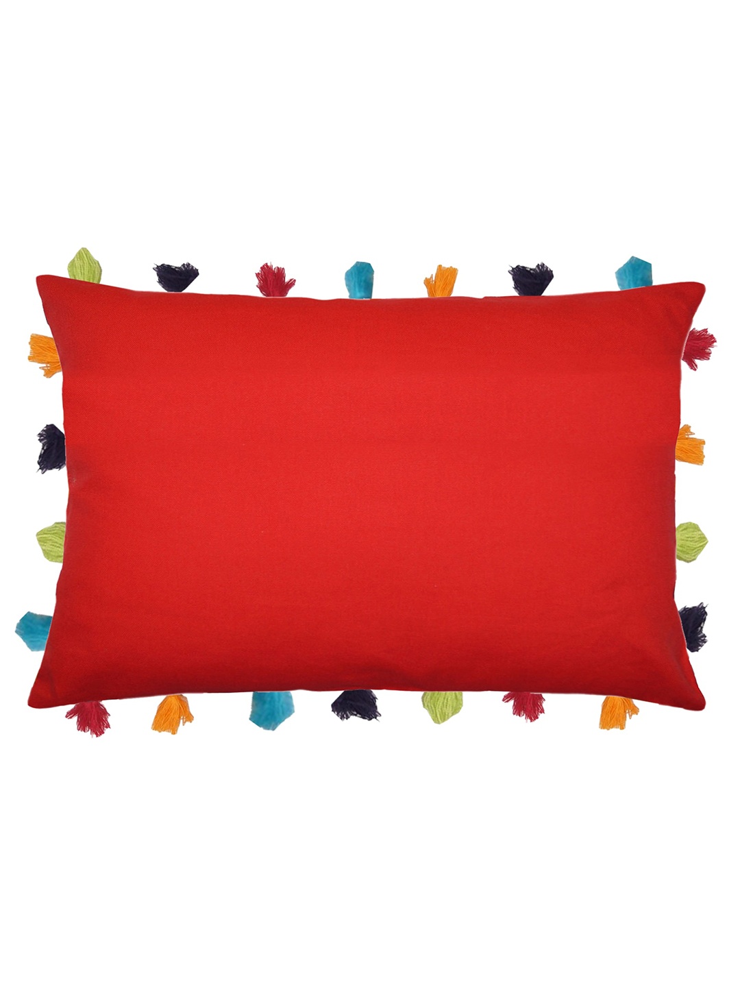 

Lushomes Red & Blue Solid Rectangle Cushion Cover with Colorful Tassels