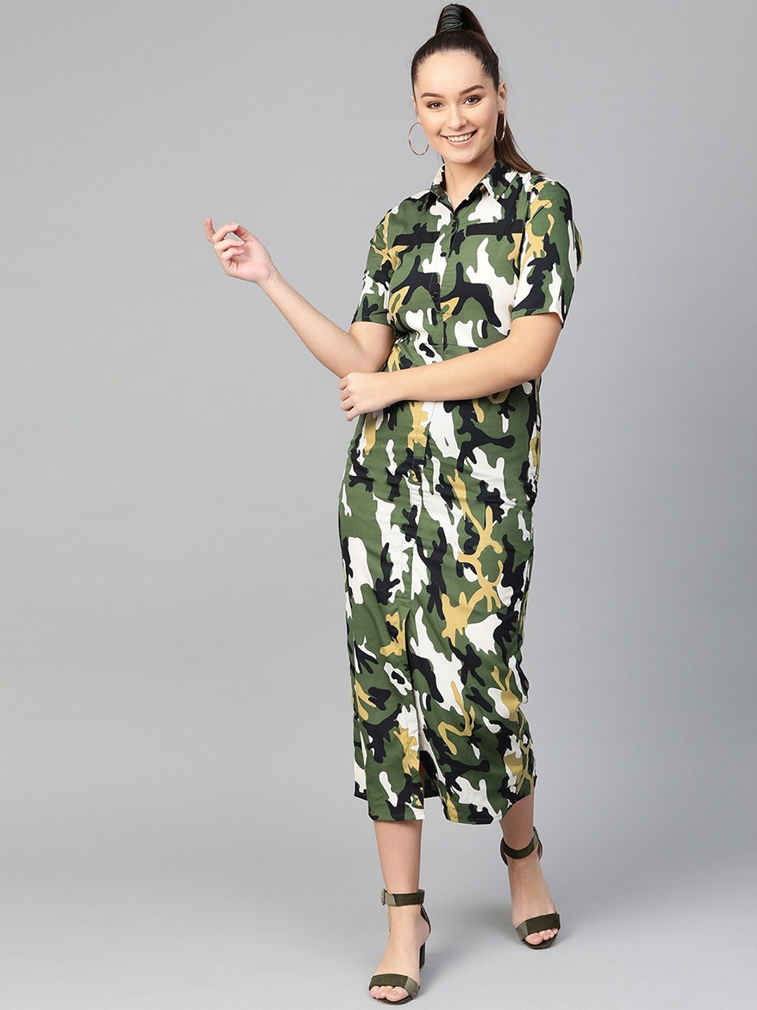 

Zima Leto Olive Green & Yellow Camouflage Printed Shirt Midi Dress