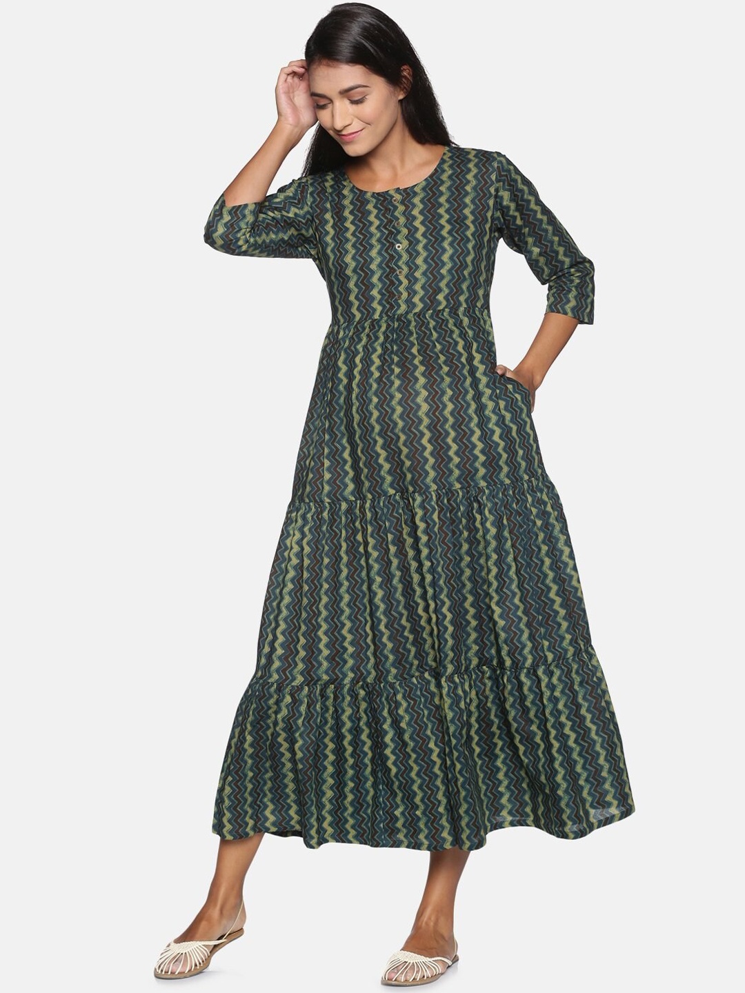 

The Mom Store Maternity Green Ethnic Motifs A-Line Maxi Dress