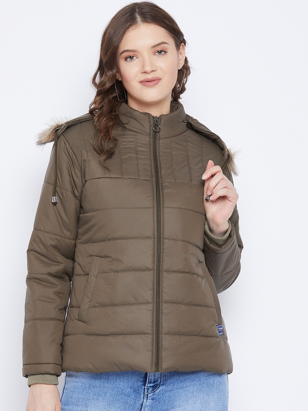 

VERO AMORE Women Olive Green Solid Insulator Padded Hooded Jacket with Faux Fur Trim