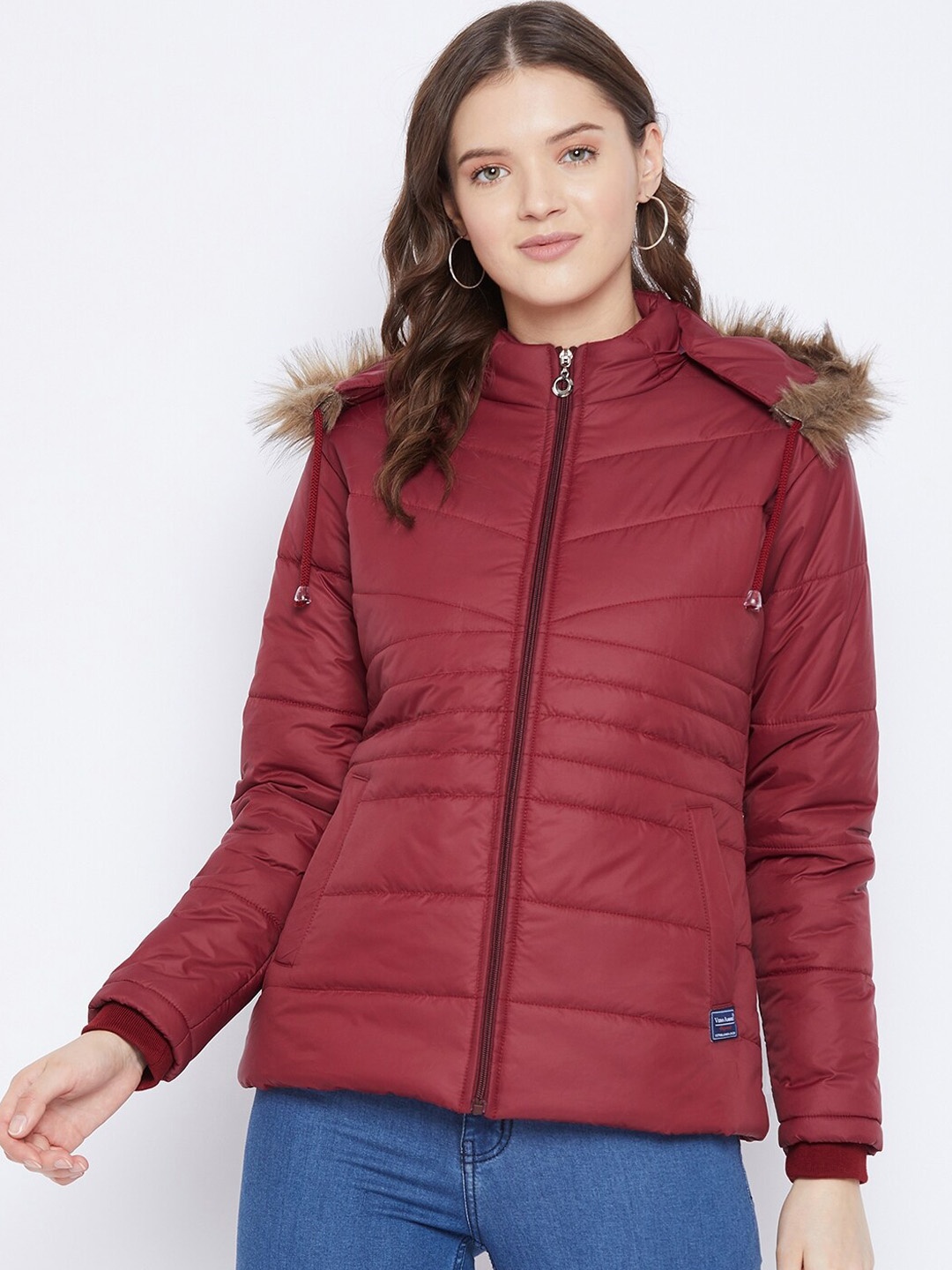 

VERO AMORE Women Maroon Solid Insulator Puffer Jacket with Faux Fur Trim