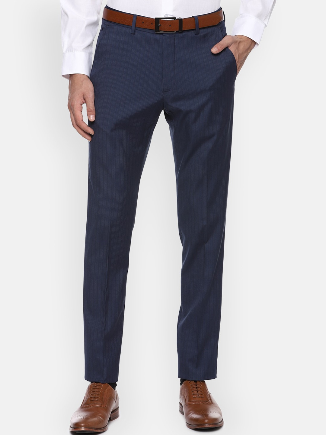 

Louis Philippe Men Navy Blue Striped Slim Fit Formal Trousers