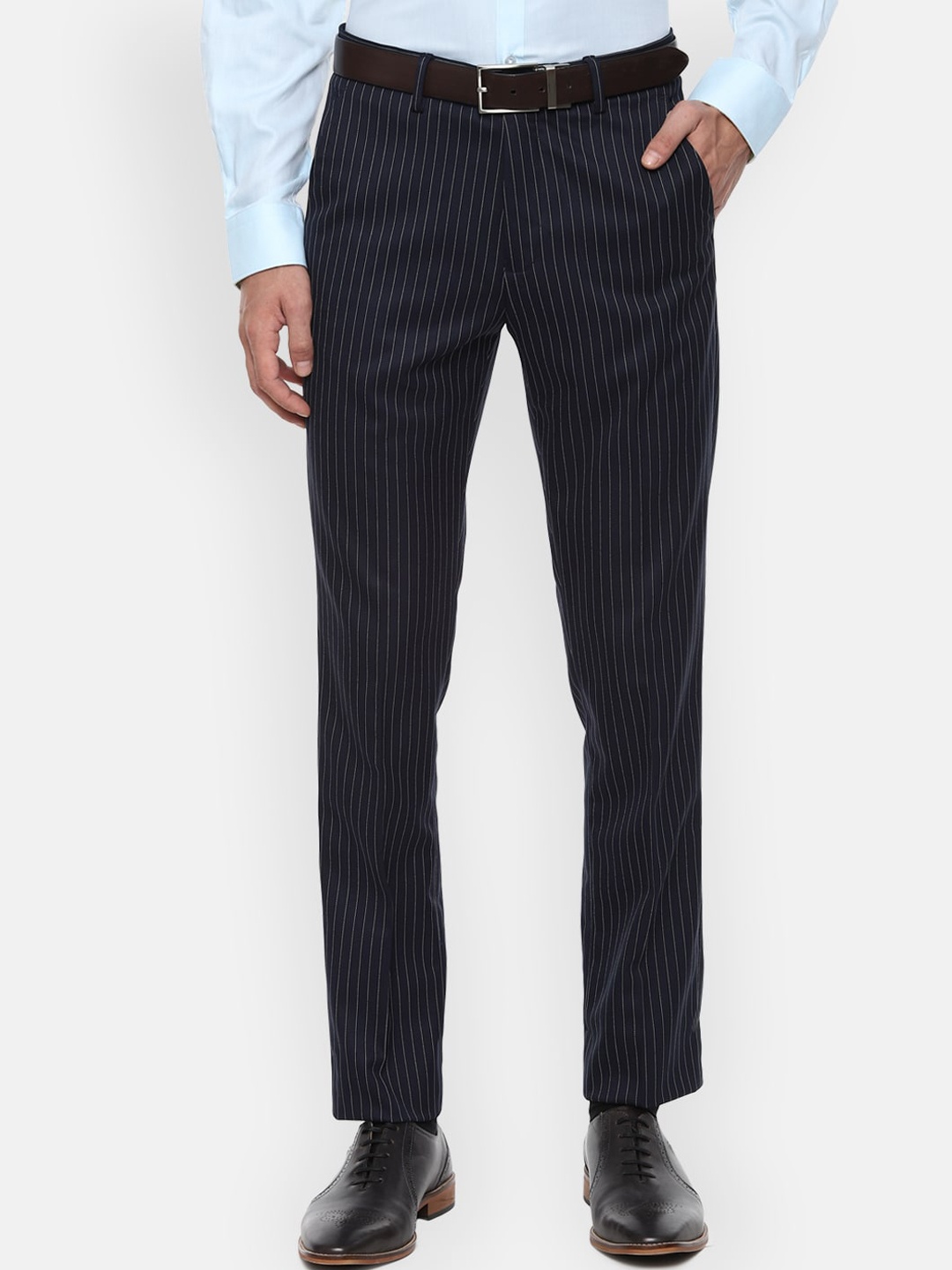 

Louis Philippe Men Navy Blue Striped Slim Fit Formal Trousers