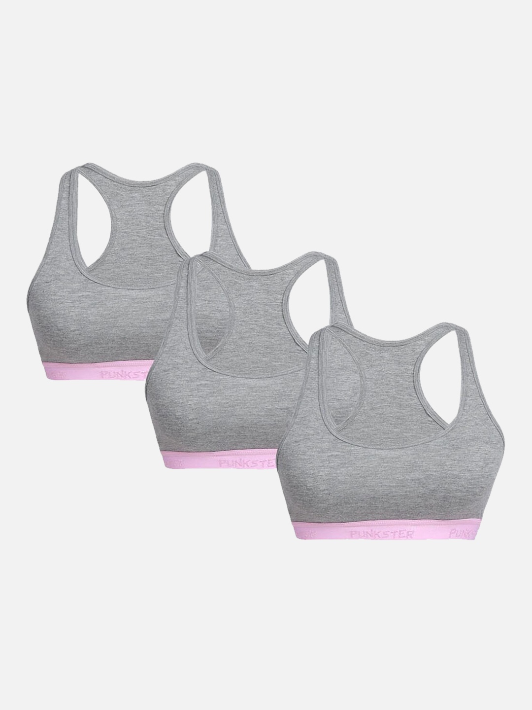 

Punkster Grey Melange & Pink Solid Pack Of 3 Workout Bra