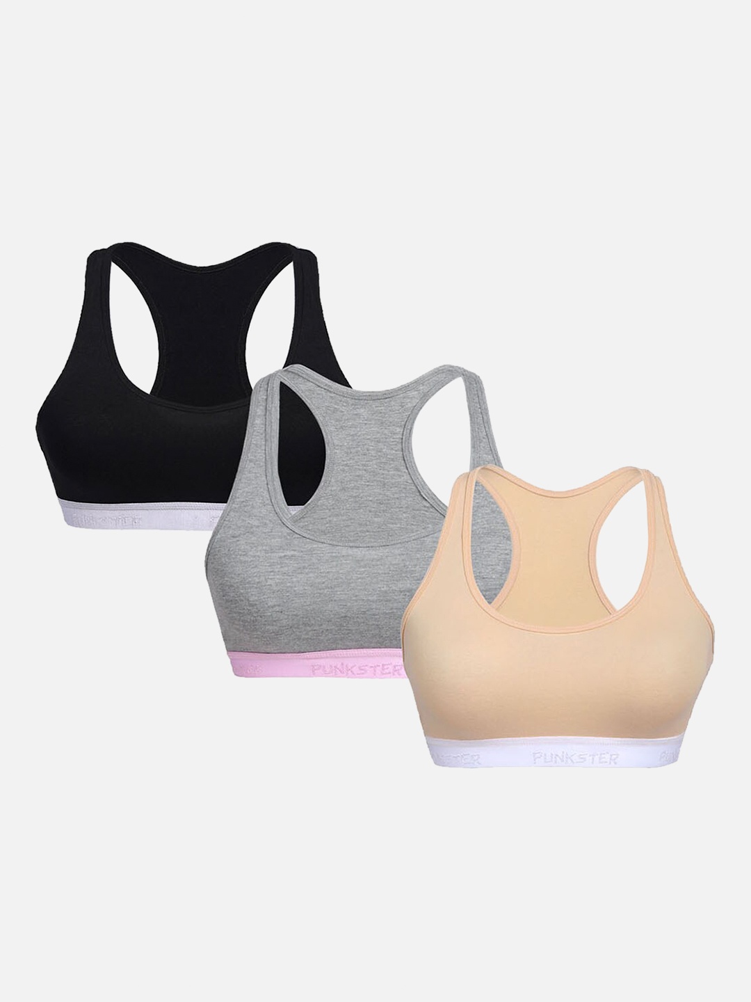 

Punkster Girls Black & Grey Solid Pack Of 3 Workout Bra