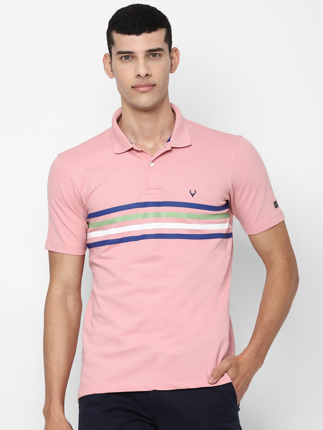 

Allen Solly Men Pink & Blue Striped Polo Collar Pure Cotton T-shirt