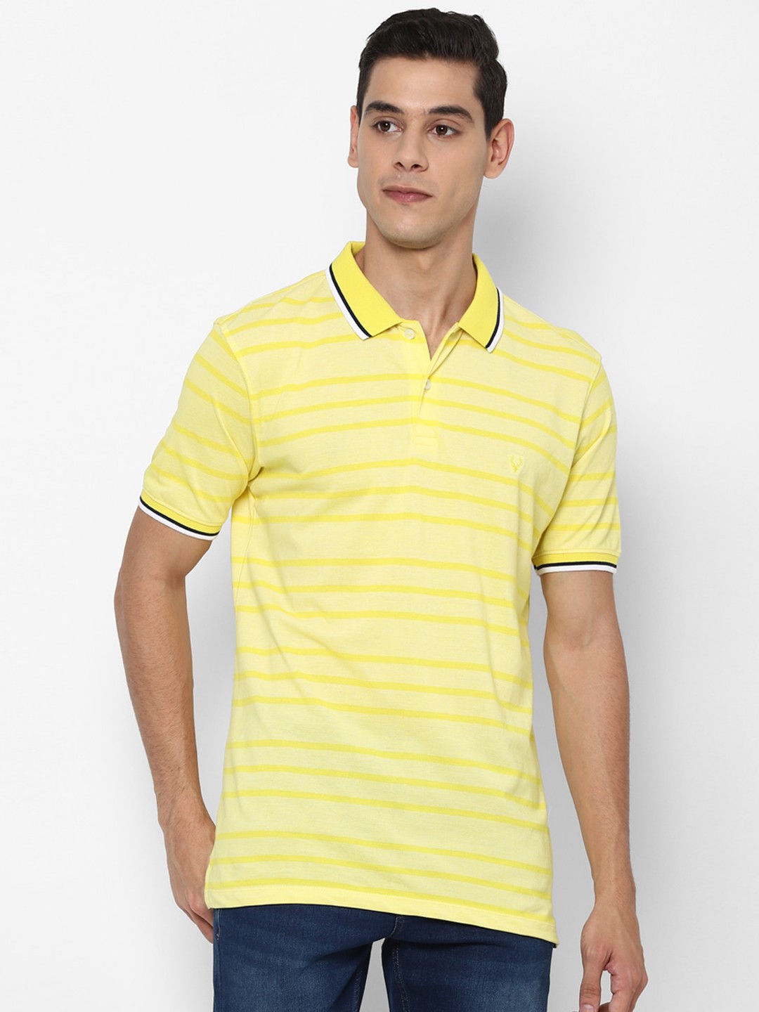 

Allen Solly Men Yellow Striped Polo Collar Pockets T-shirt