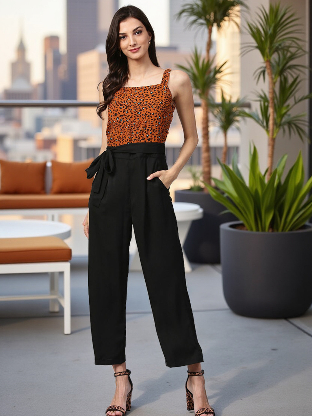 Zima Leto Brown & Black Printed Basic Jumpsuit
