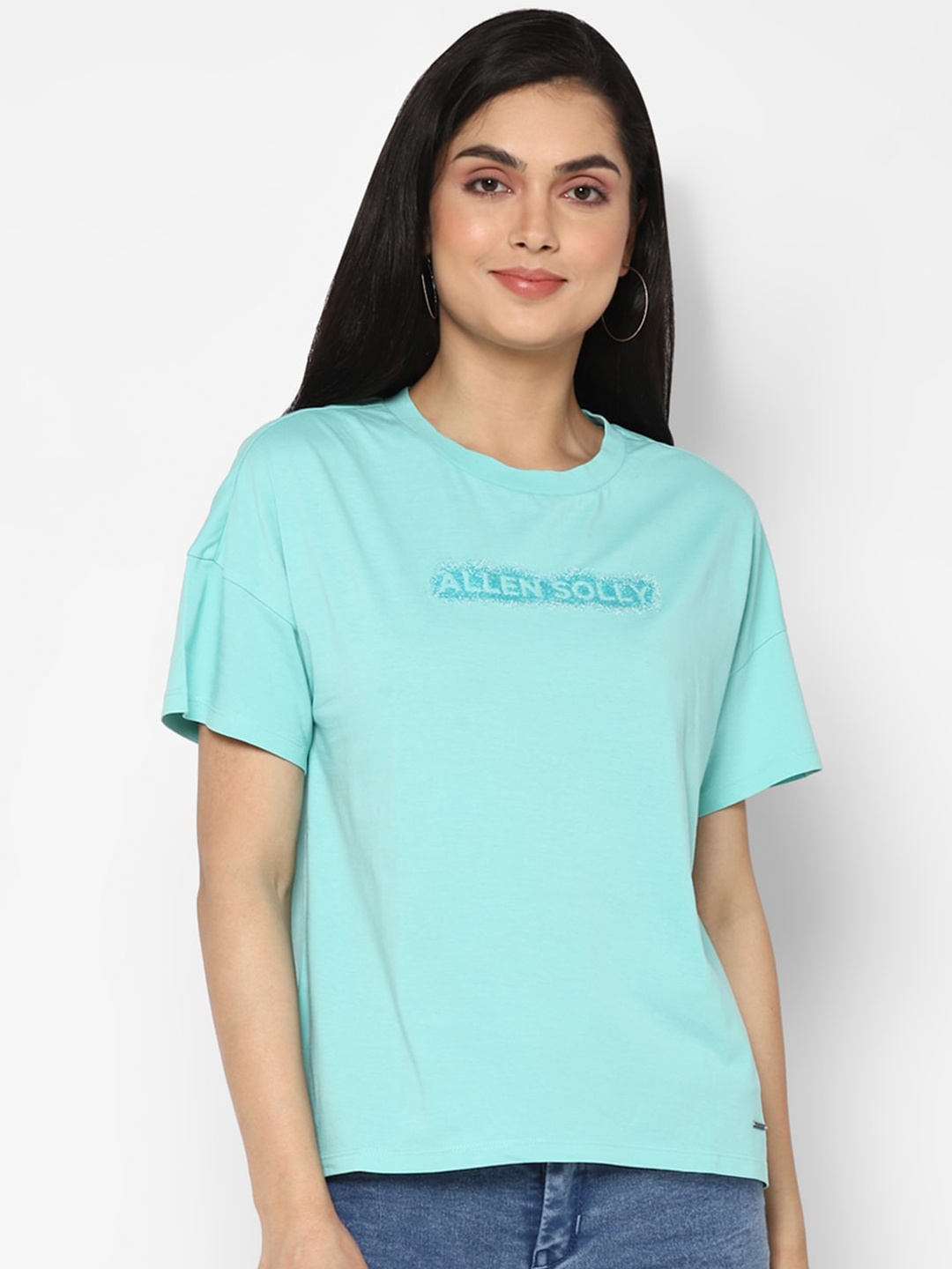 

Allen Solly Woman Women Blue Typography Printed Drop-Shoulder Sleeves Pure Cotton T-shirt