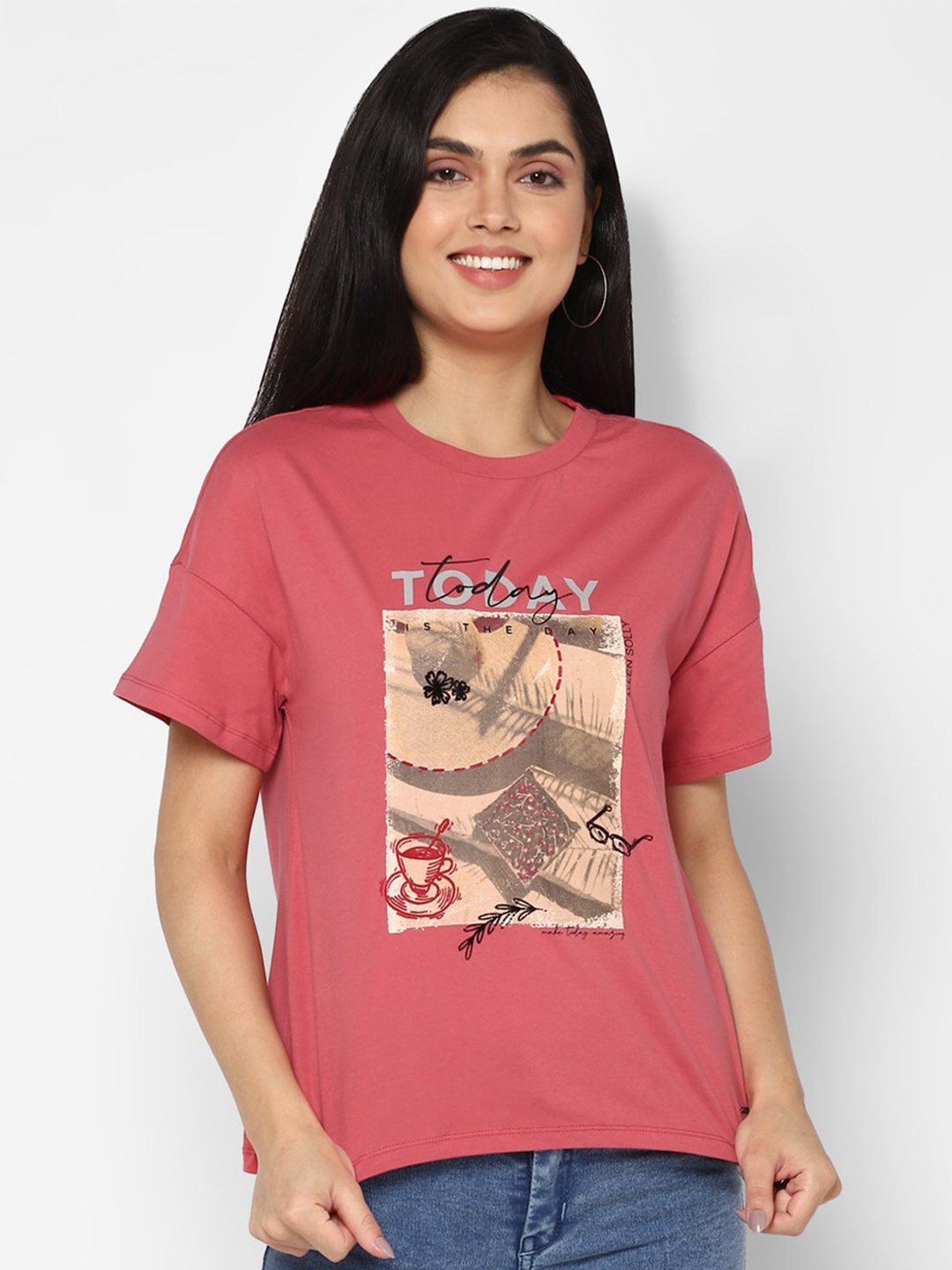 

Allen Solly Woman Women Pink Printed Cotton T-shirt