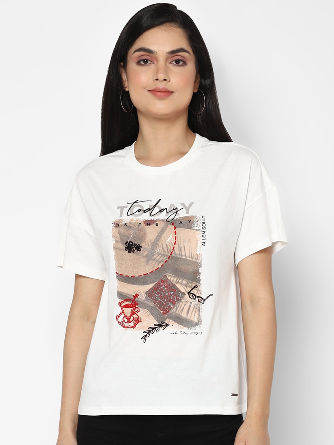 

Allen Solly Woman Women White Printed Pure Cotton T-shirt