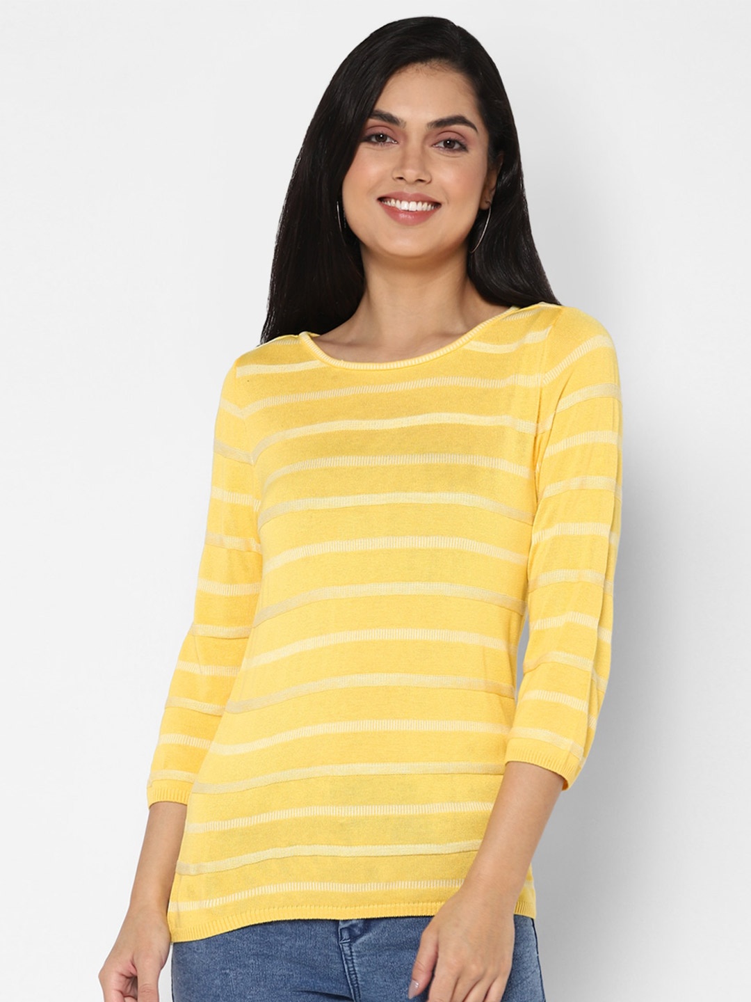 

Allen Solly Woman Women Yellow & White Striped Pure Cotton T-shirt