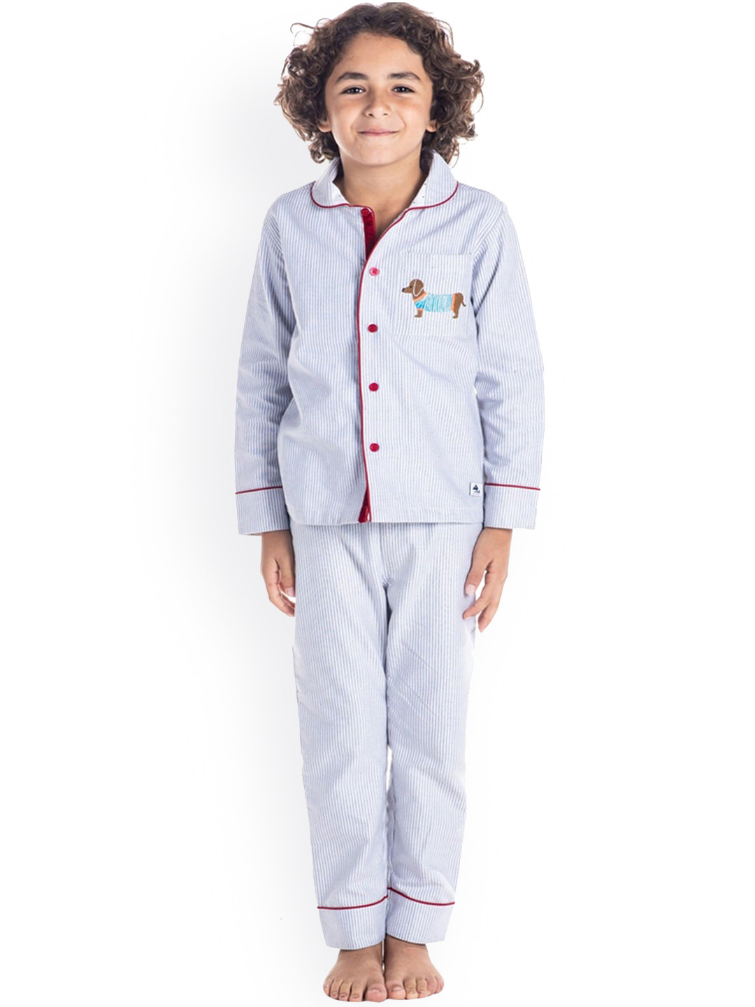 

Cherry Crumble Boys Grey & White Striped Printed Night Suit