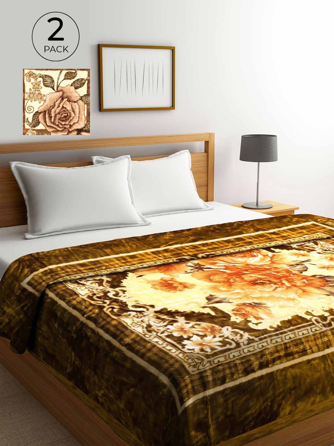 

KLOTTHE Green & Cream-Coloured Set of 2 Floral Heavy Winter Double Bed Blanket