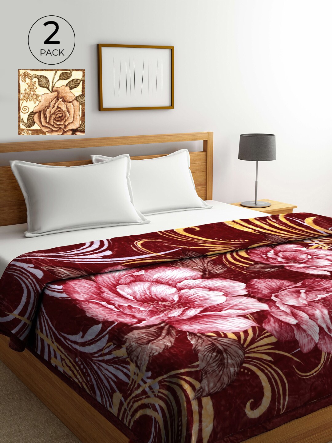 

KLOTTHE Red & Brown Set of 2 Floral Heavy Winter Double Bed Blanket