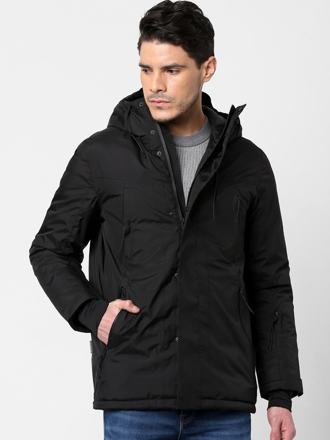 

SELECTED Men Black Solid Jacket with Patchwork