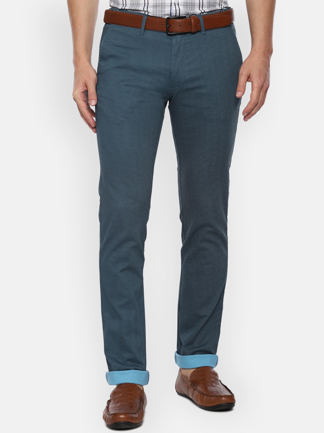 

V Dot Men Blue Textured Checked Slim Fit Trousers