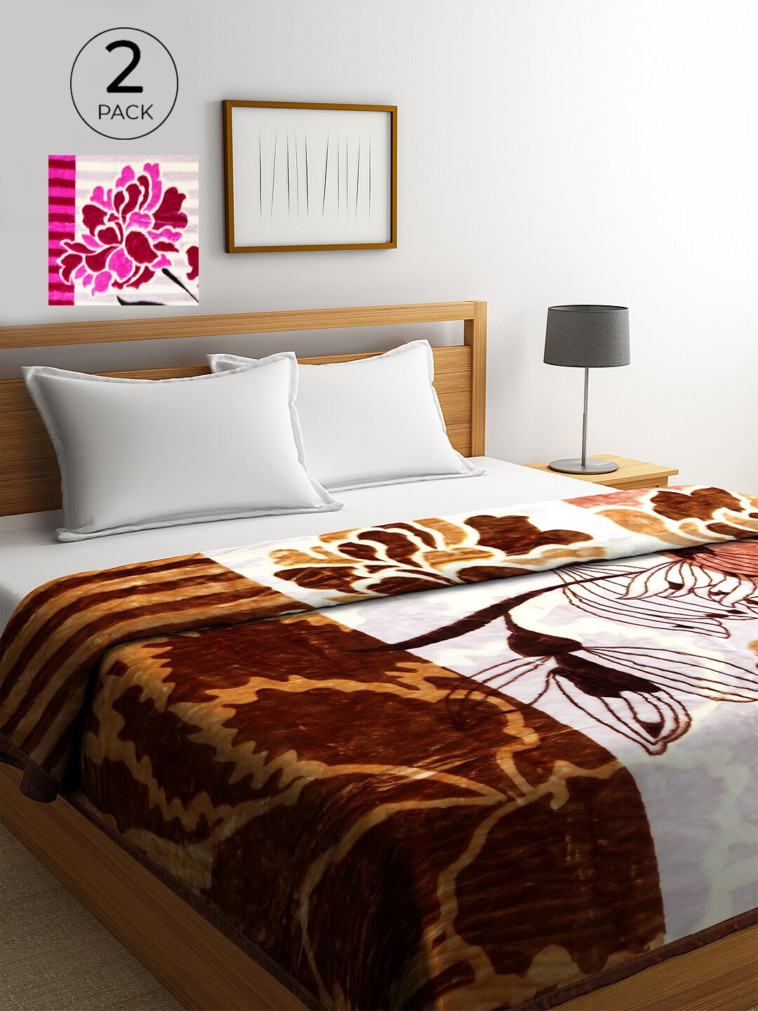 

KLOTTHE Pink & White Set of 2 Floral Heavy Winter Double Bed Blanket