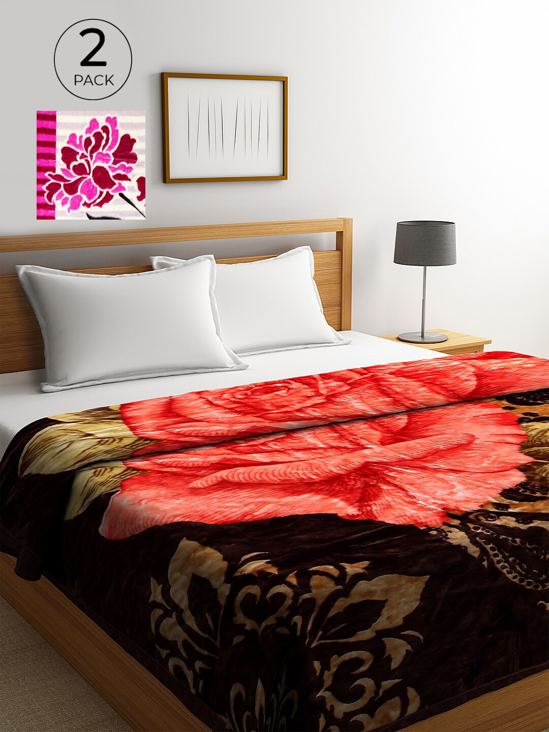 

KLOTTHE Red & Brown Set Of 2 Floral Wool Heavy Winter 800 GSM Double Bed Blanket