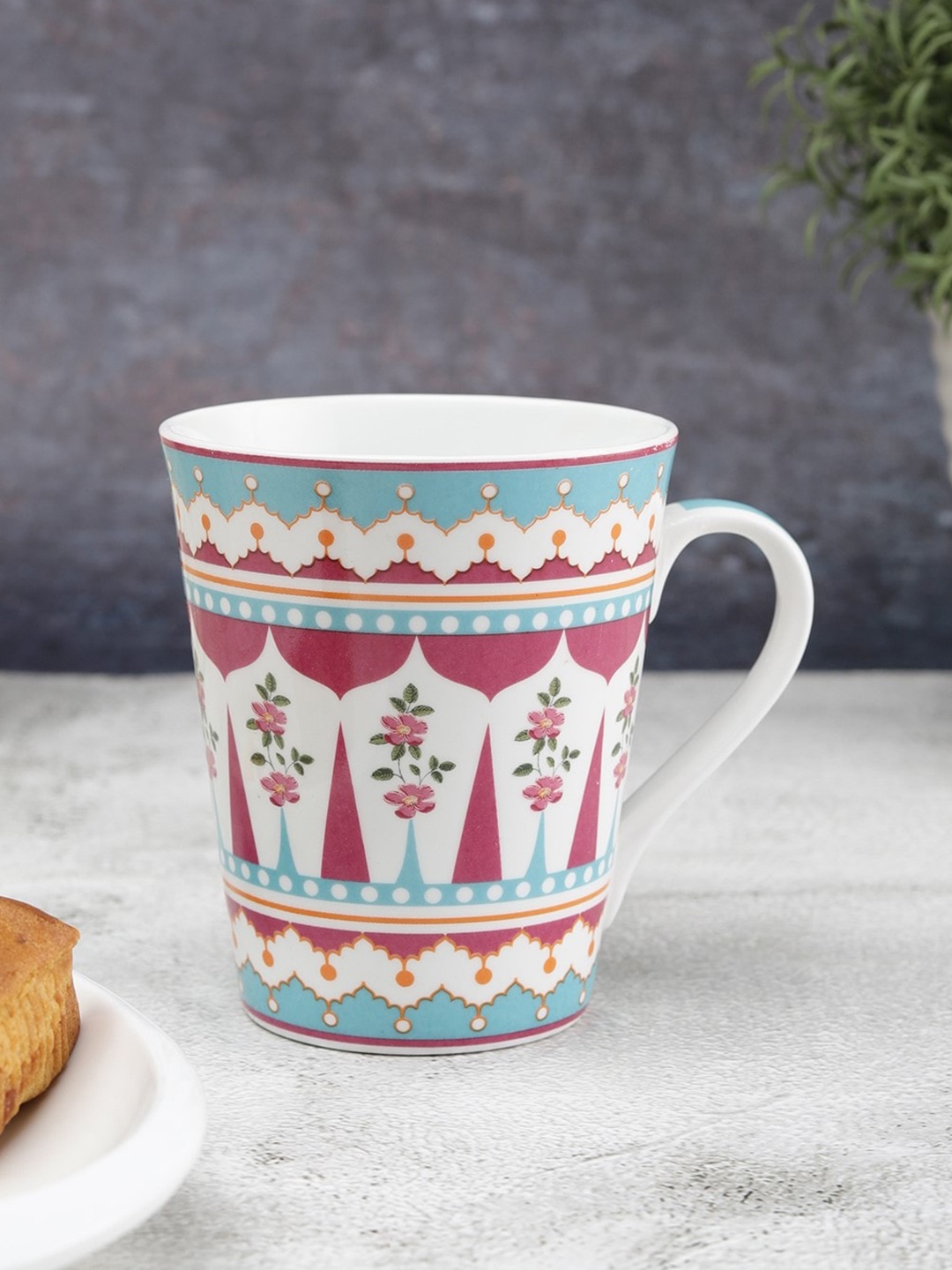

India Circus Set of 2 White & Pink Floral Printed Ceramic Glossy Mugs