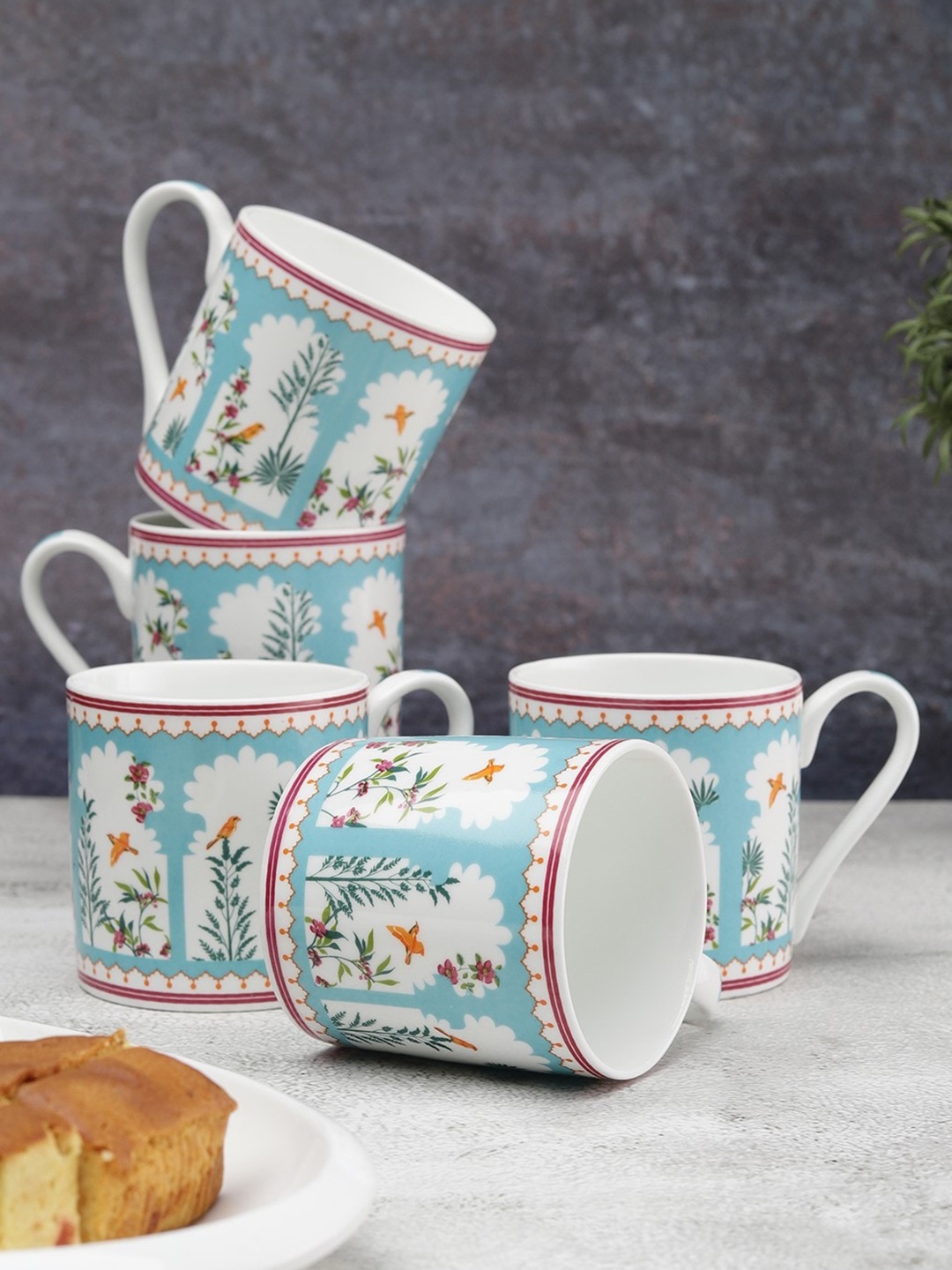 

India Circus White & Blue Floral Printed Ceramic Glossy Cups Set of 6 Cups
