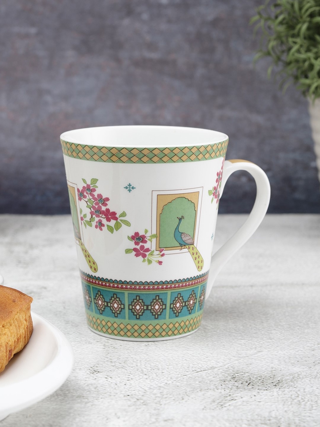 

India Circus White & Multicoloured Floral Printed Ceramic Glossy Set Of 2 Mugs