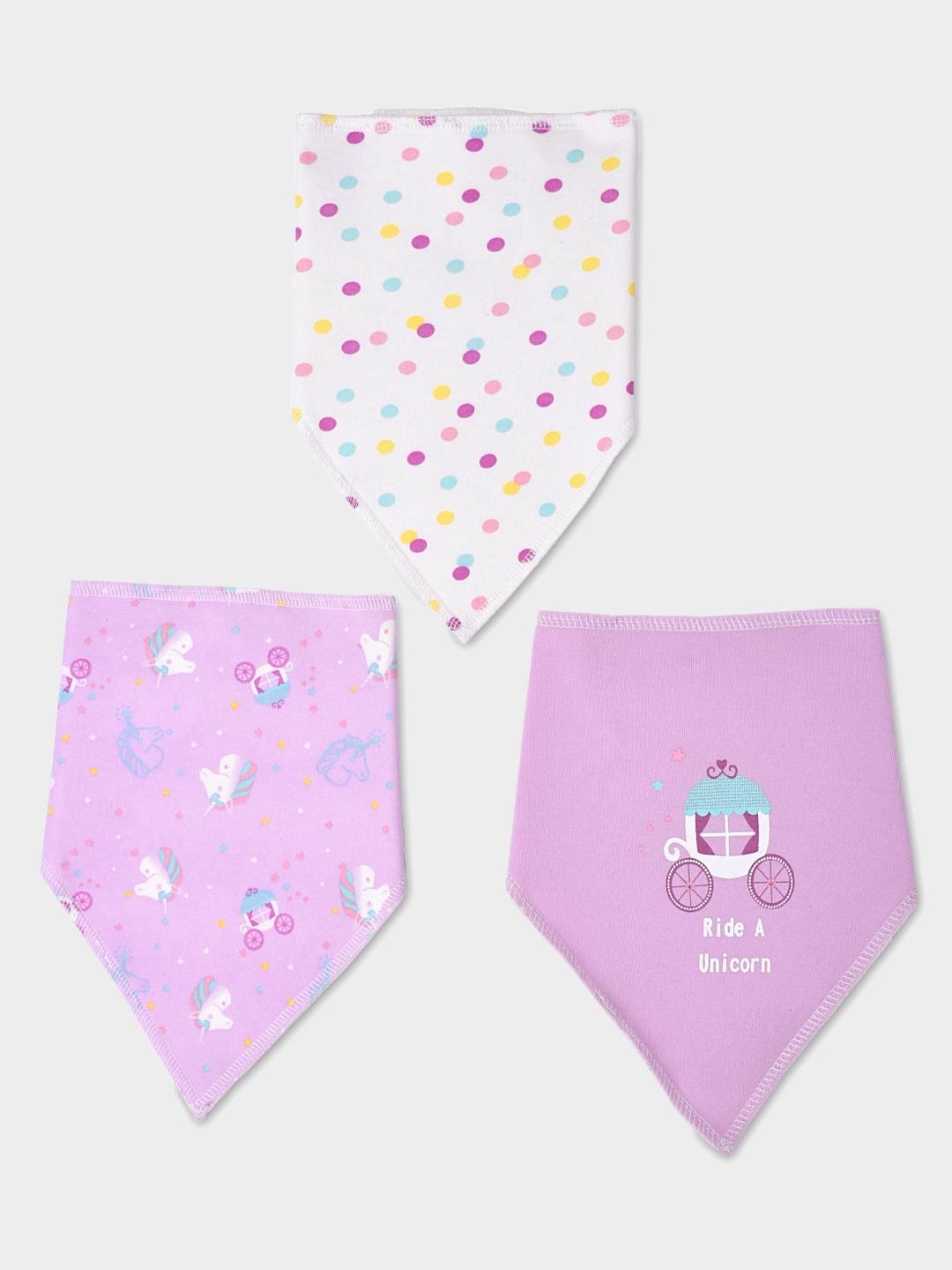 

MiArcus Kids Pack Of 3 Purple & White Unicorn Printed Triangle Knitted Bibs